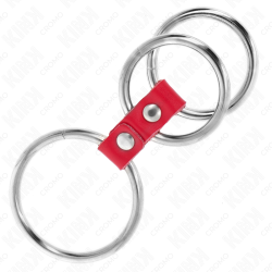 KINK - DREIFACH METALL PENISRING 3,7 CM BIS 5 CM VERBUNDEN MIT ROTEM LEDER