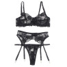 SUBBLIME - 3-TEILIGES SET BH + STRING + STRUMPFBAND BLUMENPRINT SCHWARZ S/M