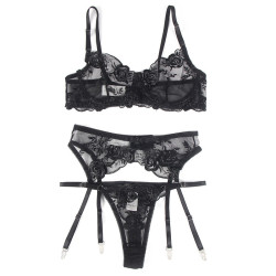 SUBBLIME - 3-TEILIGES SET BH + STRING + STRUMPFBAND BLUMENPRINT SCHWARZ L/XL