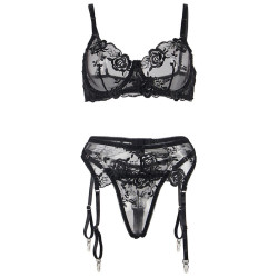 SUBBLIME - 3-TEILIGES SET BH + STRING + STRUMPFBAND BLUMENPRINT SCHWARZ L/XL