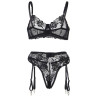 SUBBLIME - 3-TEILIGES SET BH + STRING + STRUMPFBAND BLUMENPRINT SCHWARZ L/XL