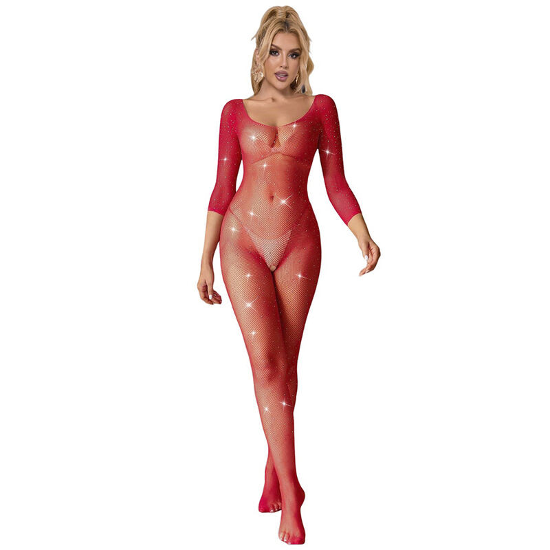 SUBBLIME - 952419 NETZ-BODYSTOCKING MIT DIAMANTEN, LANGE ÄRMEL, ROT, XS/M