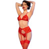CHILIROSE - CR 4848 ROTER SPITZEN-BH + TANGA + STRÜMPFE SET L