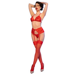 CHILIROSE - CR 4848 ROTER SPITZEN-BH + TANGA + STRÜMPFE SET L