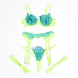 SUBBLIME - 955328 BH-SET MIT SPITZE UND STRUMPFBAND GRÜN UND BLAU L/XL