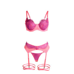 SUBBLIME - 955366 BH-SET MIT SPITZE UND STRUMPFBAND ROSA UND LILA L/XL