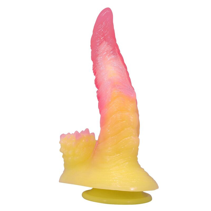 POWER MONSTERS - RIPPLIED MONSTER FANTASY DILDO MIT SAUGKAPSEL 22,5 CM Ø 5,5 CM PINK &amp GELB
