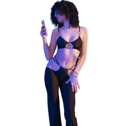 CHILIROSE - CR 4851 SCHWARZES TOP UND LEGGINGS-SET MIT GOLDENEN ACCESSOIRES M