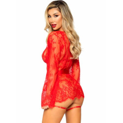 LEG AVENUE - 86123 TEDDY- UND STRUMPFBAND-BADEMANTEL-SET, ROT, GRÖSSE S